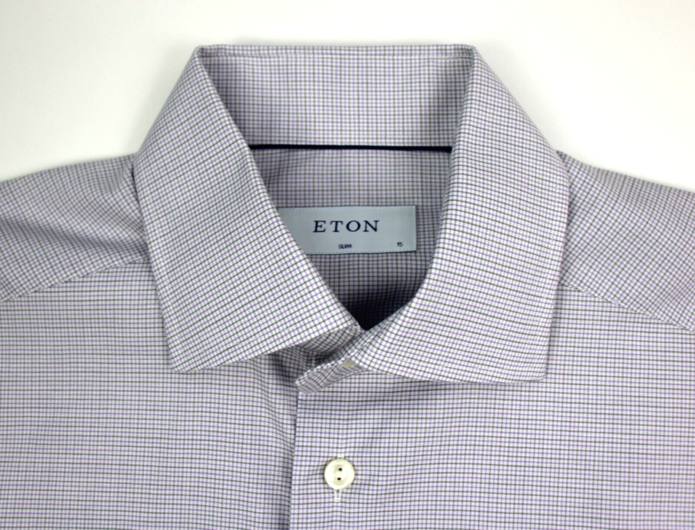 Eton Dress Shirt Mens 15 38 Light Purple Check Slim Fit Cotton Blend NWT $270 - Picture 2 of 8